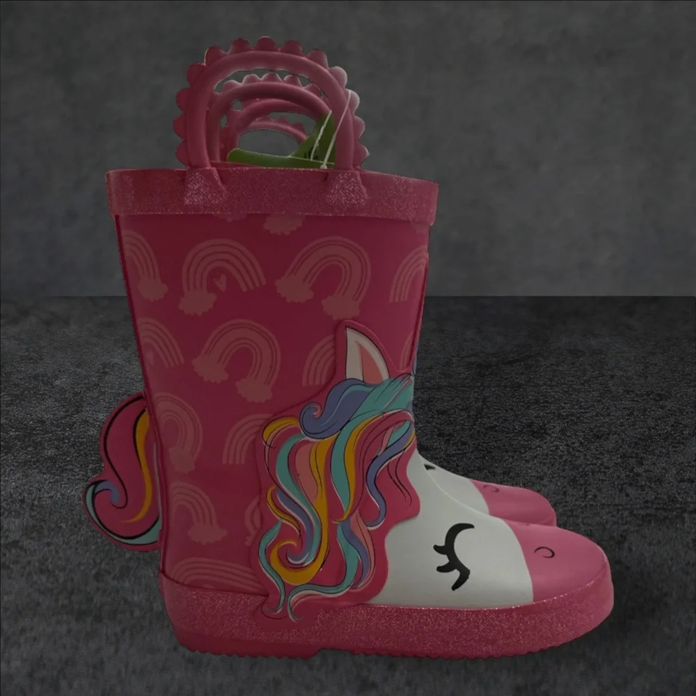 members mark Unicorn Rain Boots‎ Youth Toddler Girls Pink Rubber Rainbow sz 7/8